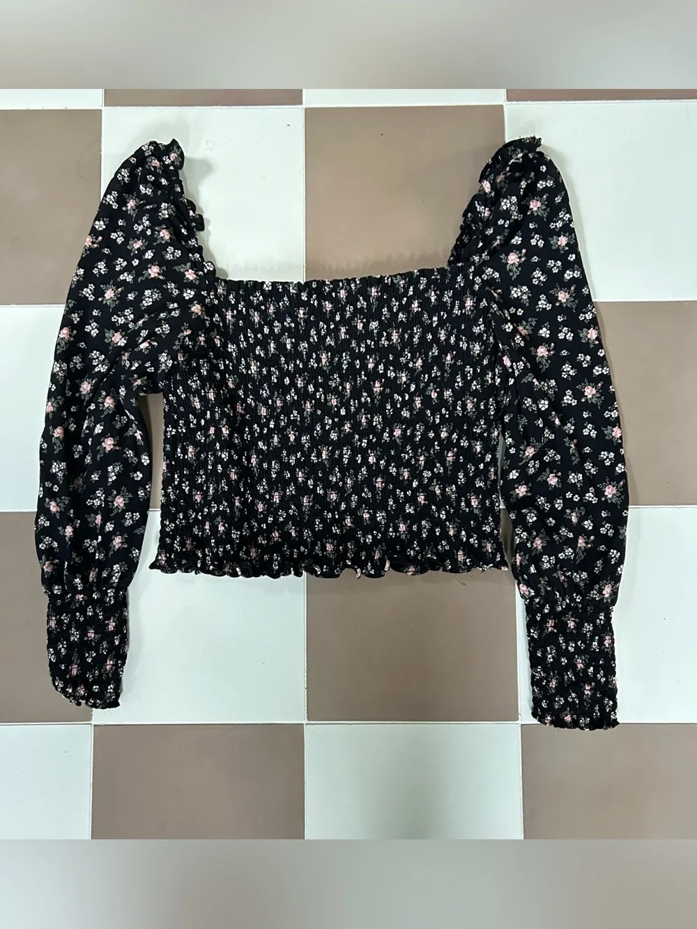 Reformation Pinto Smocked Floral Top Black Freesia Size S